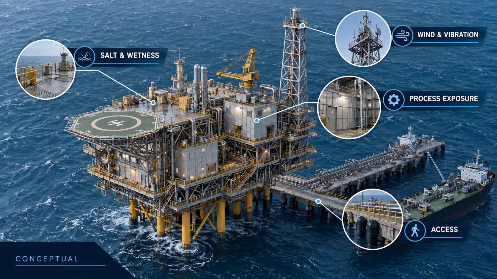 Conceptual offshore platform showing different lighting exposure conditions on open decks sheltered modules jetties and high structures