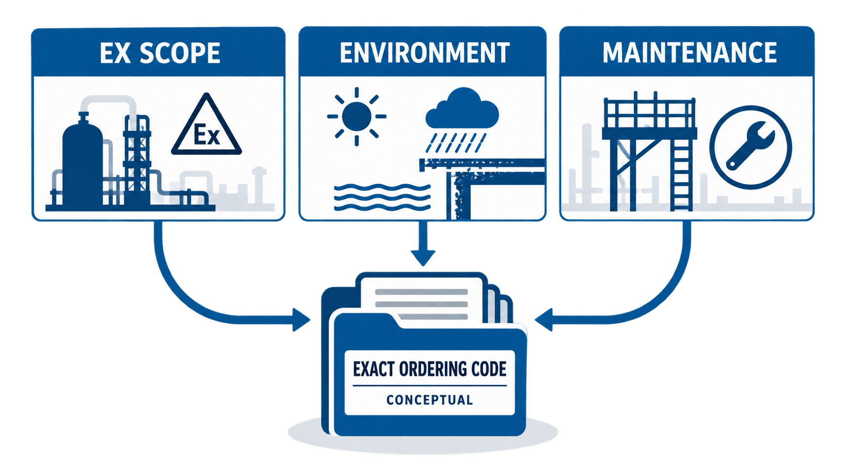 Blue conceptual three-track offshore lighting acceptance workflow for Ex certification corrosion evidence and maintainability
