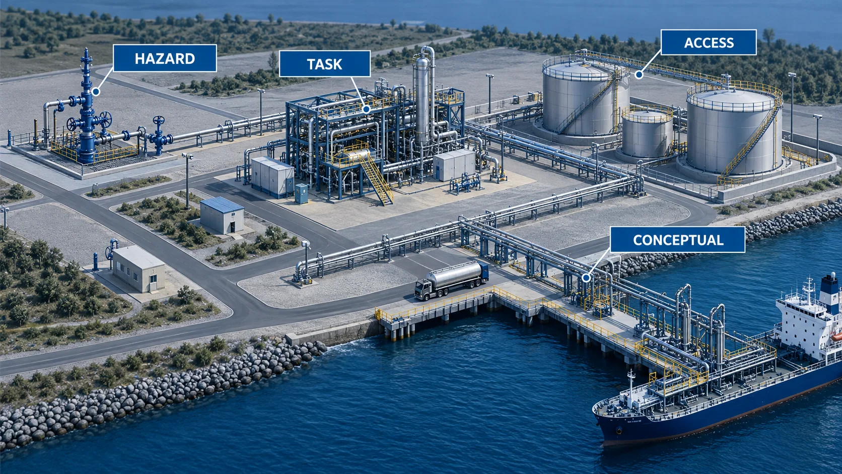 Conceptual oil and gas facility map connecting distinct task locations to separate hazard lighting and access inputs