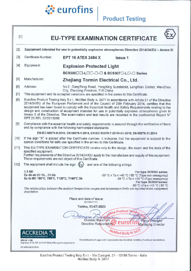 BC9306P ATEX certificate first-page preview