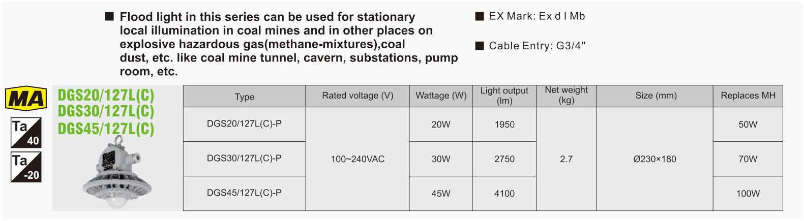 DGS20 / DGS30 / DGS45-127L(C)-P original catalogue specification table; open the full-size image or download the catalogue for configuration details.