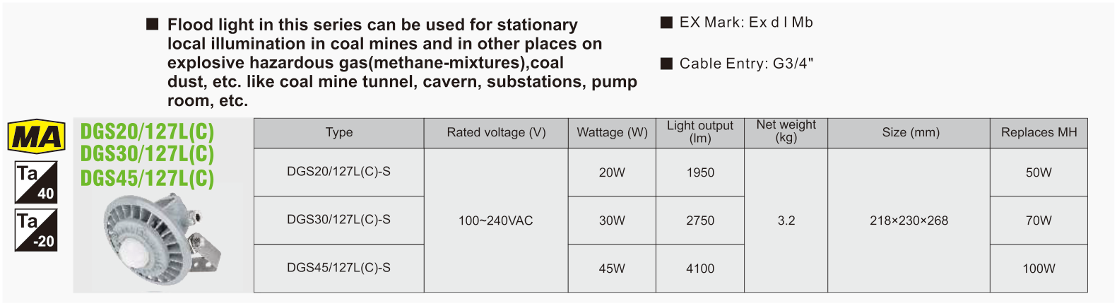 DGS20 / DGS30 / DGS45-127L(C)-S original catalogue specification table; open the full-size image or download the catalogue for configuration details.