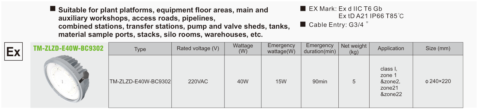 TM-ZLZD-E40W-BC9302 original catalogue specification table; open the full-size image or download the catalogue for configuration details.