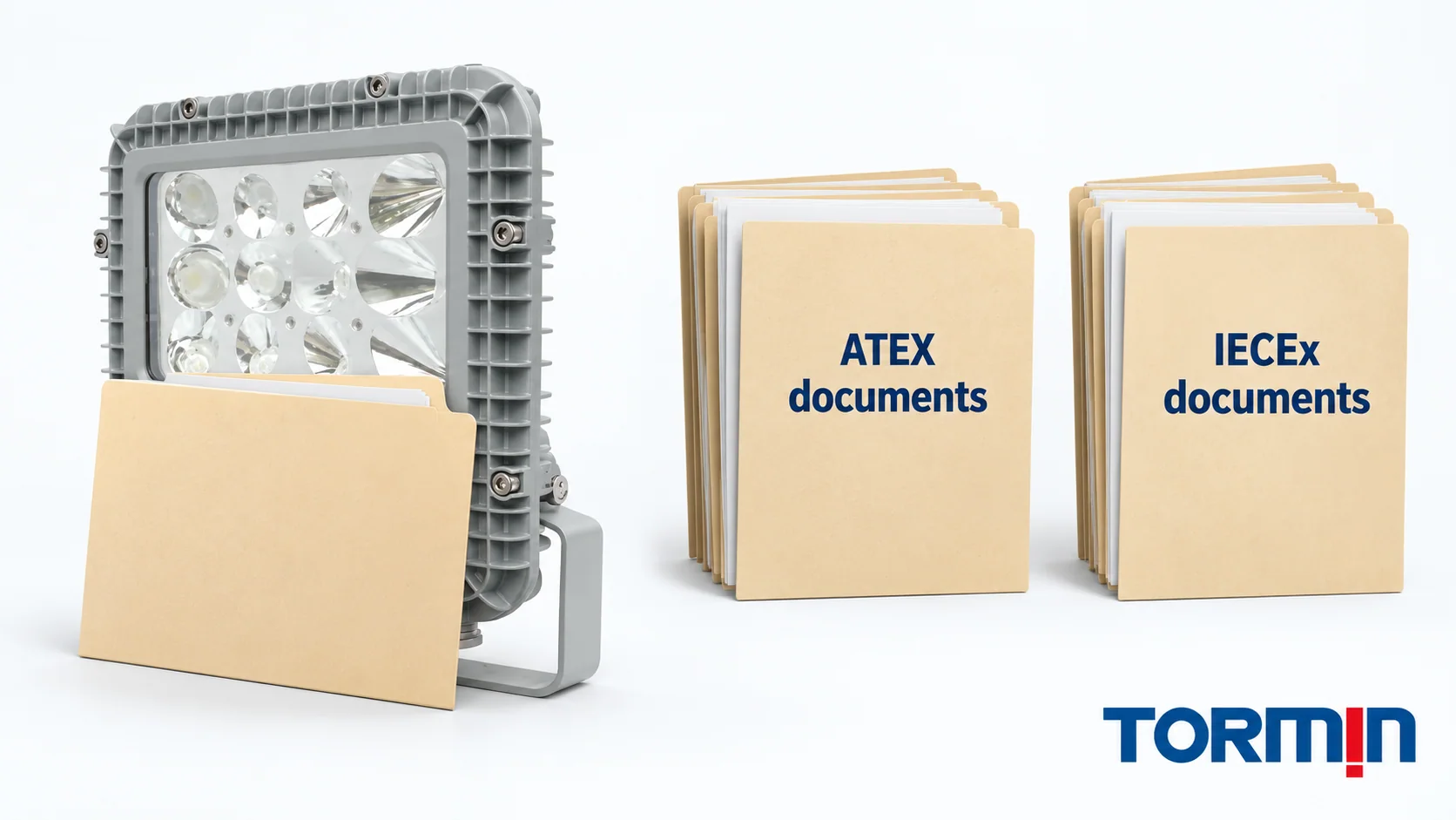 TORMIN BC9101 exterior beside separate ATEX and IECEx document stacks