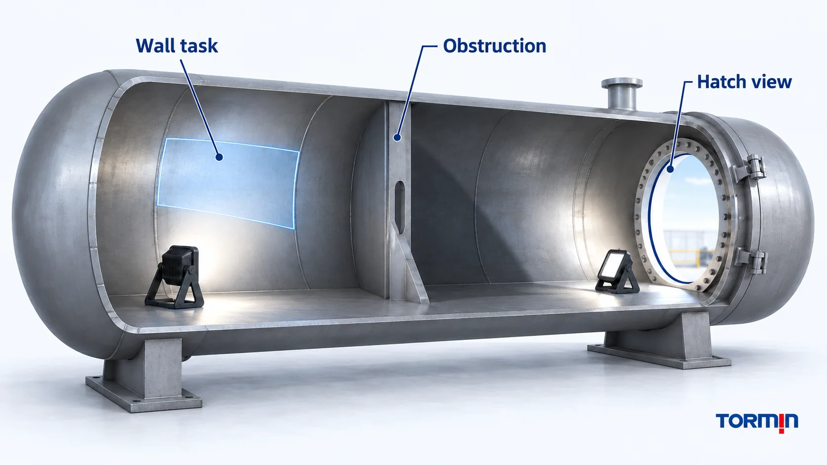 Empty vessel with an inspection surface, internal obstruction and hatch shown as separate visibility targets
