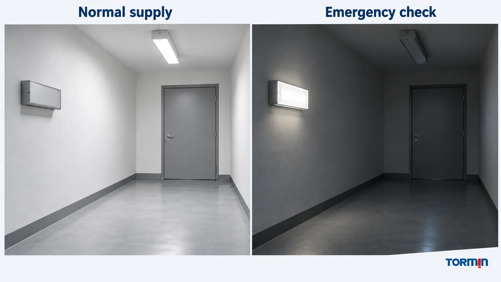 Matching empty-room views comparing normal supply with an emergency-operation check