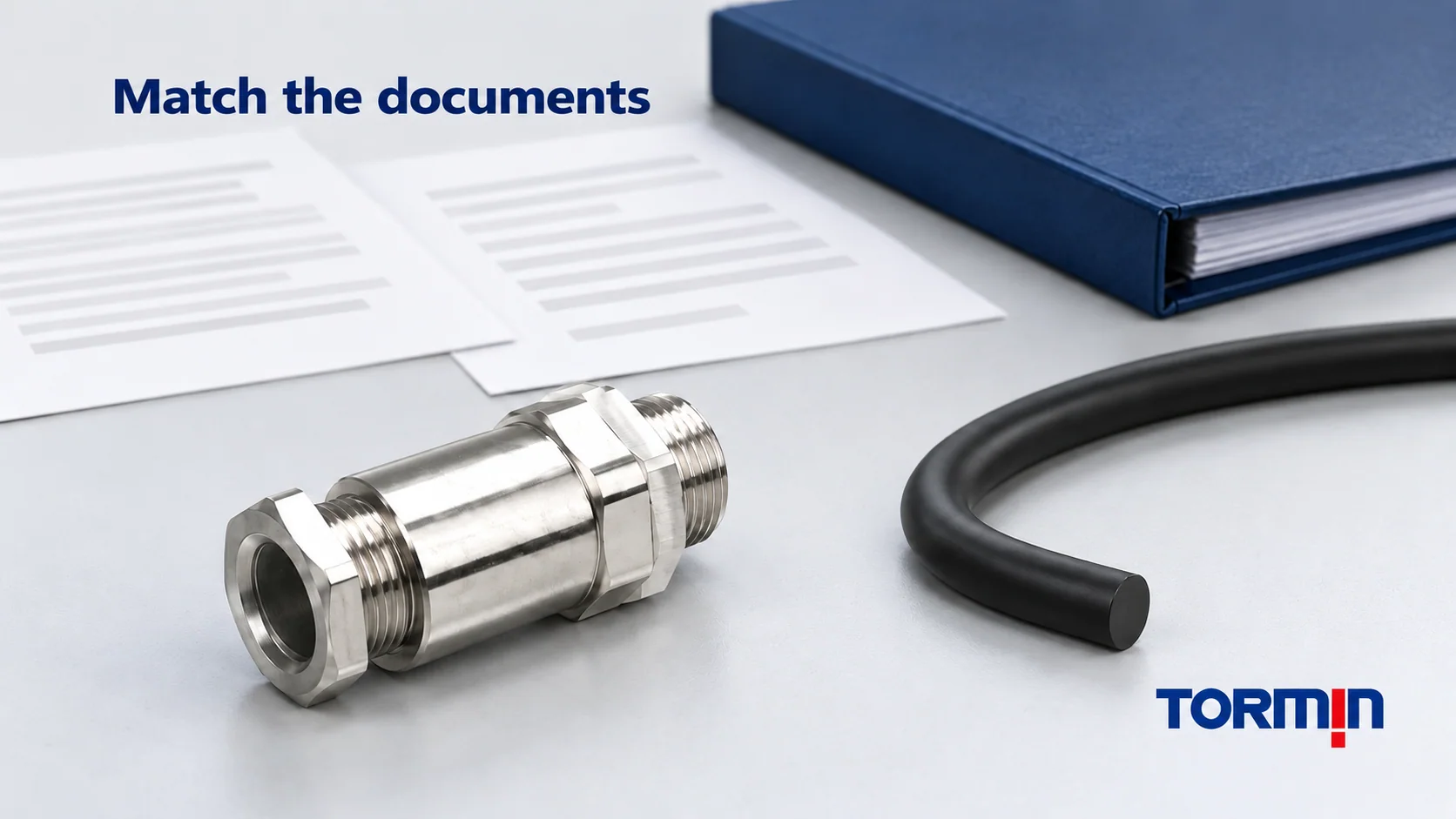 TORMIN cable-gland references arranged with a cable and document-review materials