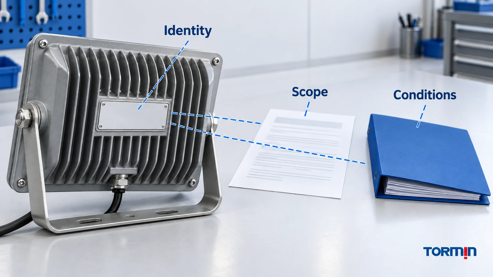 Generic luminaire label area, document sheet and instruction folder linked as identity, scope and conditions review inputs