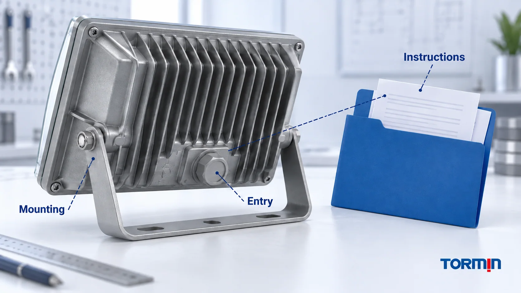 Generic luminaire exterior showing mounting and entry review points beside an instruction folder