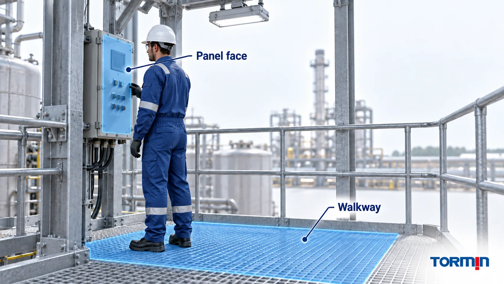 Vertical instrument panel face and horizontal walkway highlighted as different lighting task surfaces