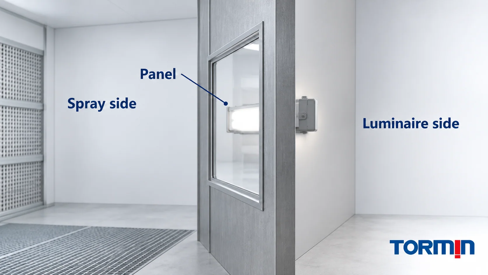 Separating panel between the spray-side space and a generic enclosed luminaire on the other side