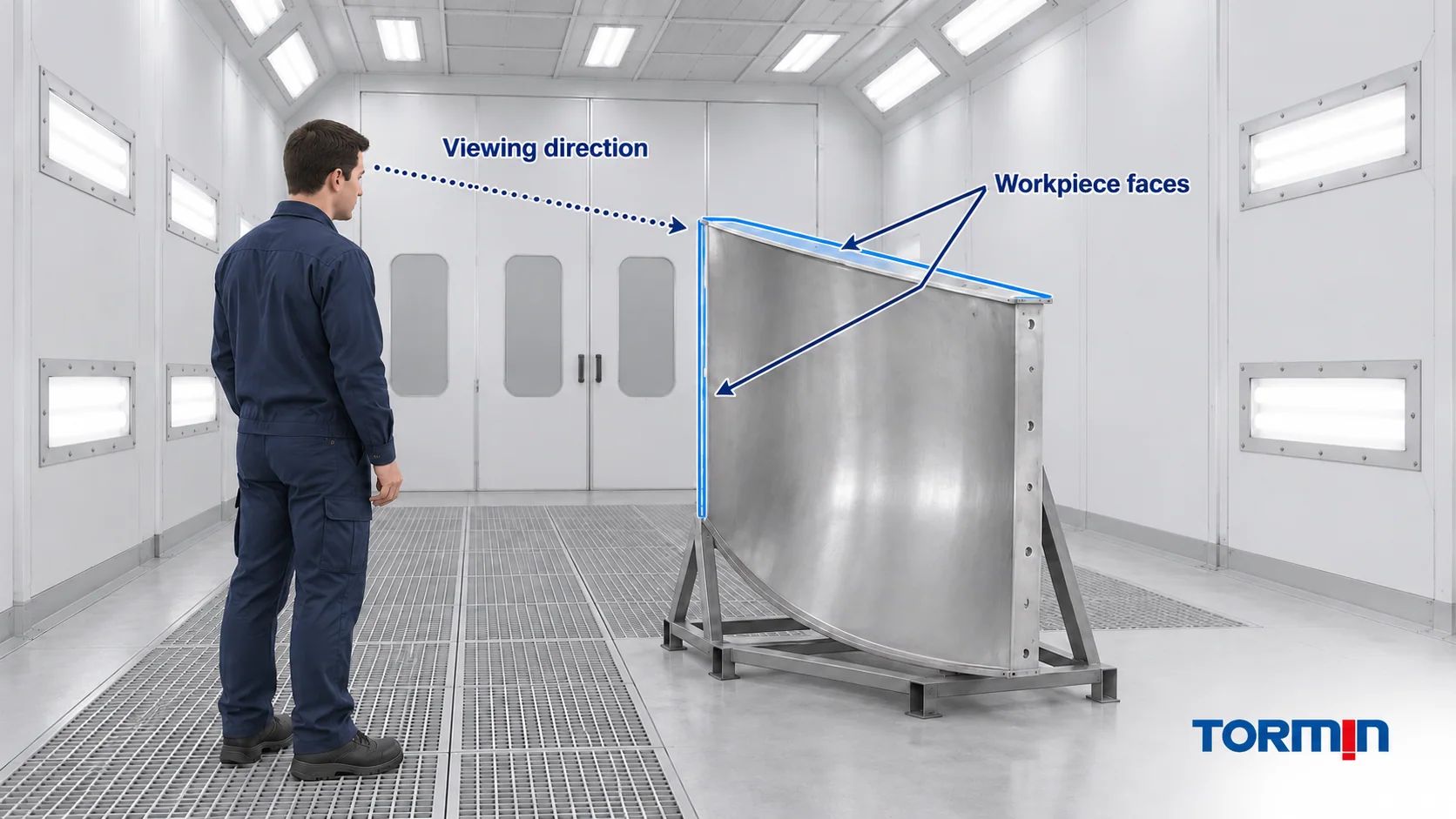 Observer facing a curved upright workpiece rather than using the booth floor as the only lighting target