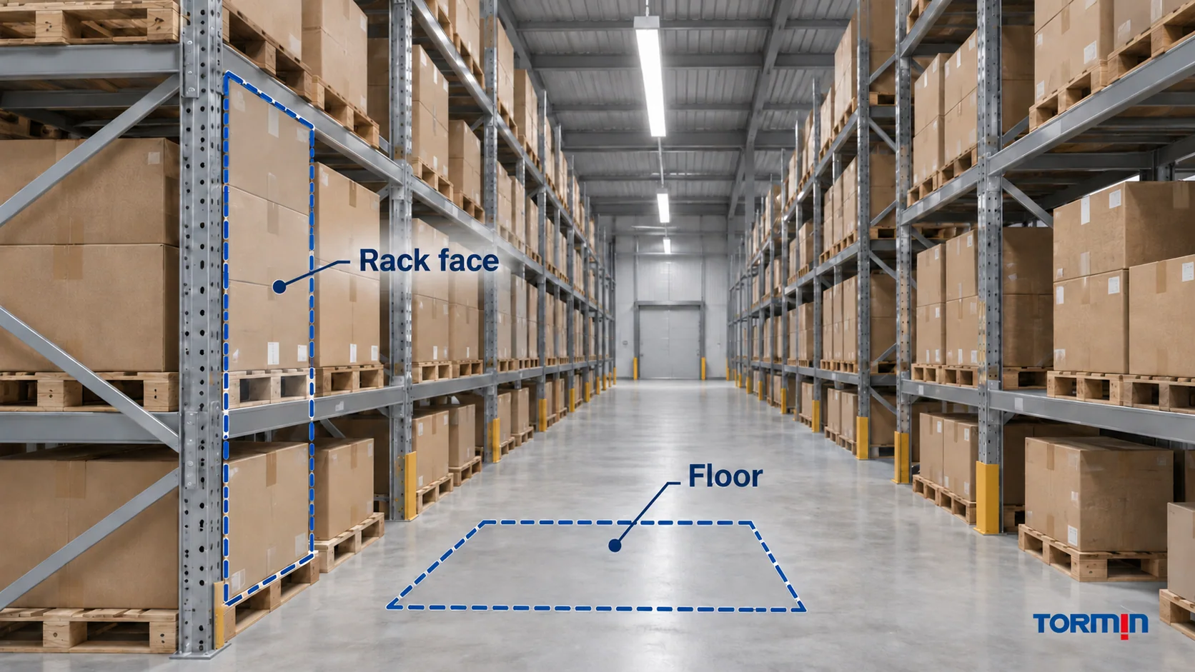 Warehouse rack face and aisle floor outlined as separate vertical and horizontal calculation targets