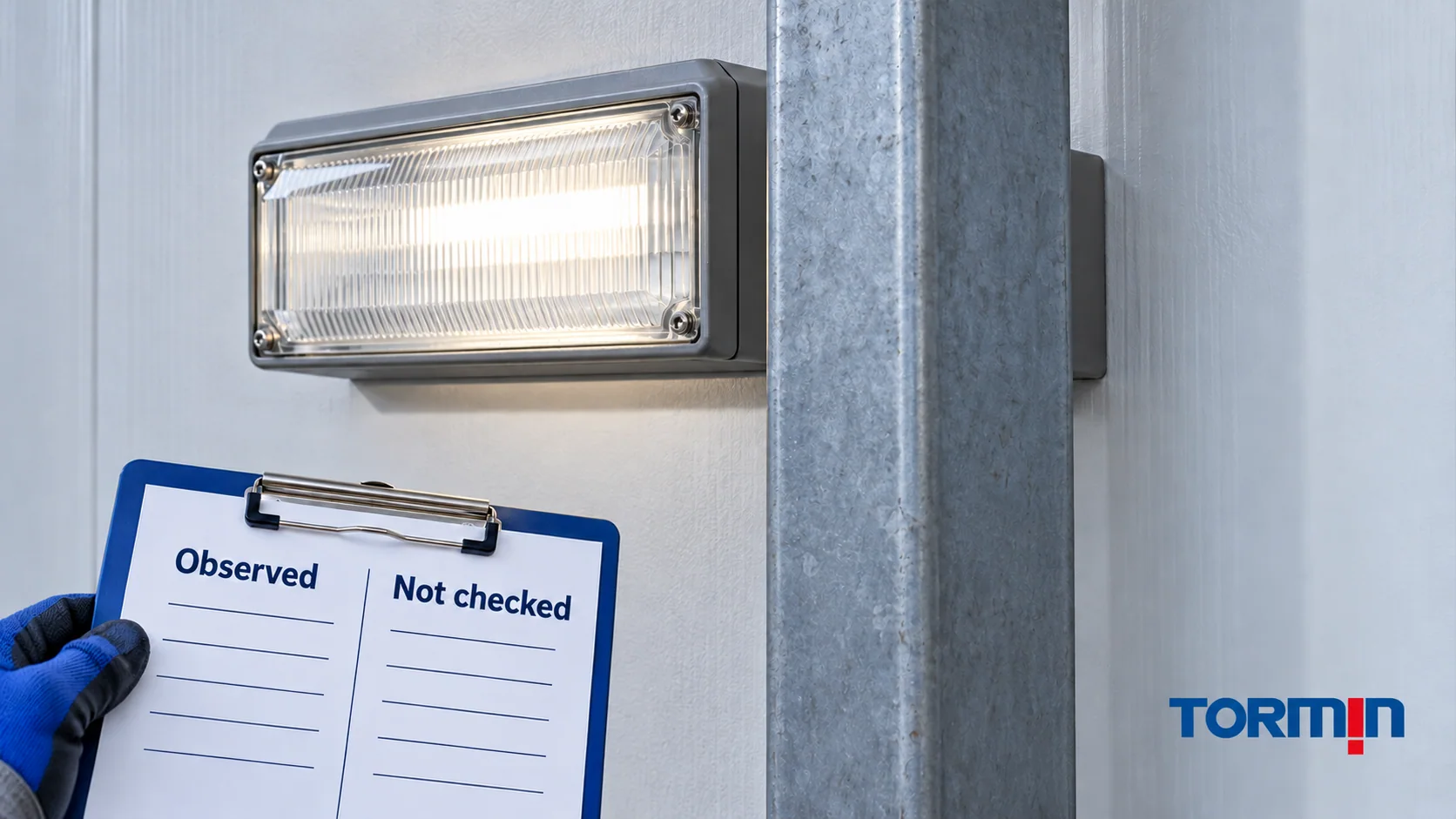 A structural obstruction hides part of a closed luminaire while a record separates observed areas from items not checked