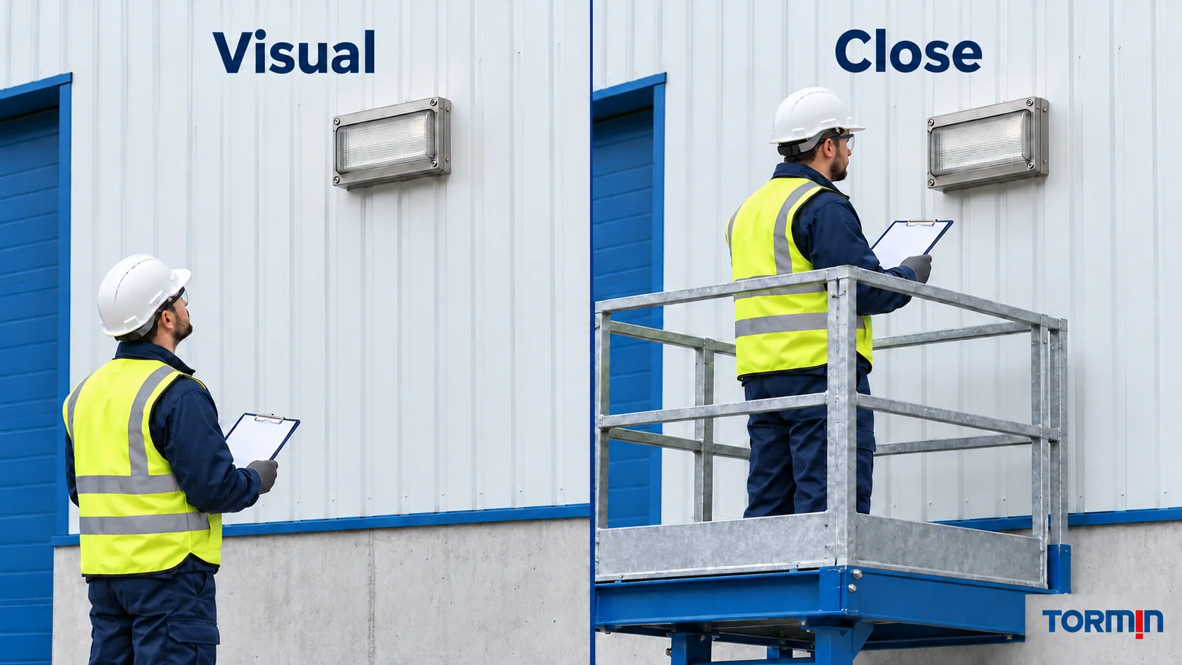The same closed luminaire viewed from the floor and from a guarded access platform