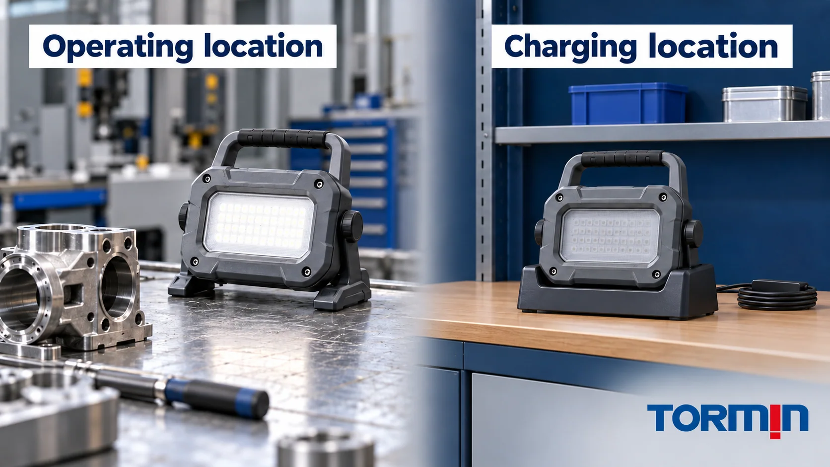 Portable light shown at a work location and separately at a charging station.