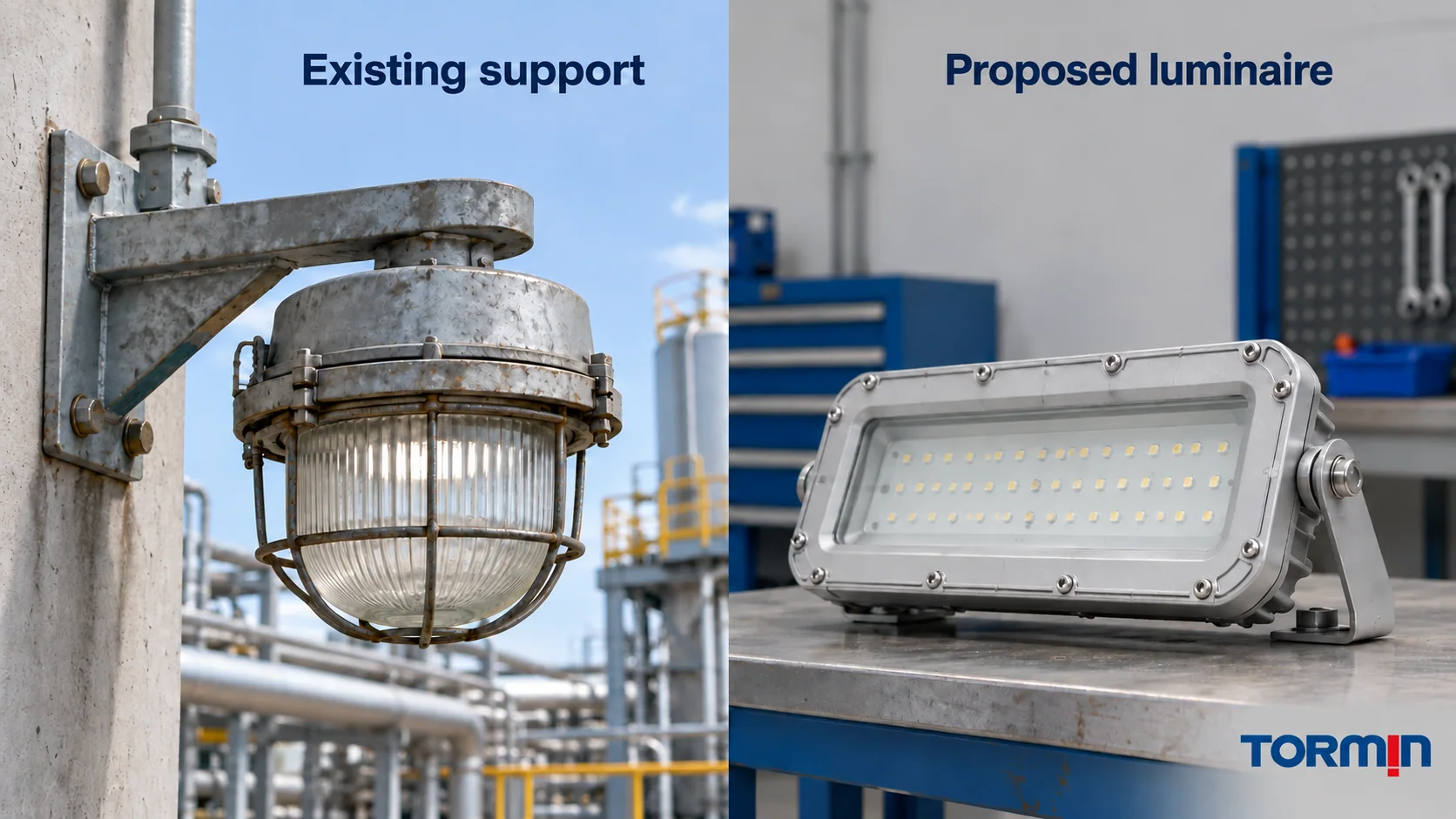 Existing mounted luminaire and support compared with a separate proposed closed luminaire on a workbench