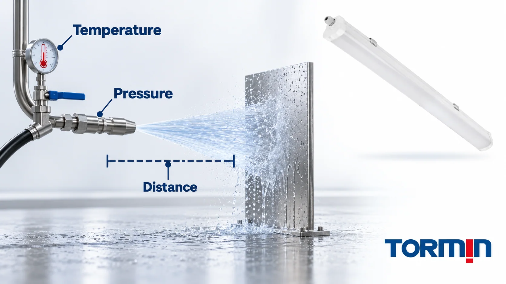Nozzle and separate stainless target identify temperature, pressure and distance inputs beside a dry ZY5321 exterior reference