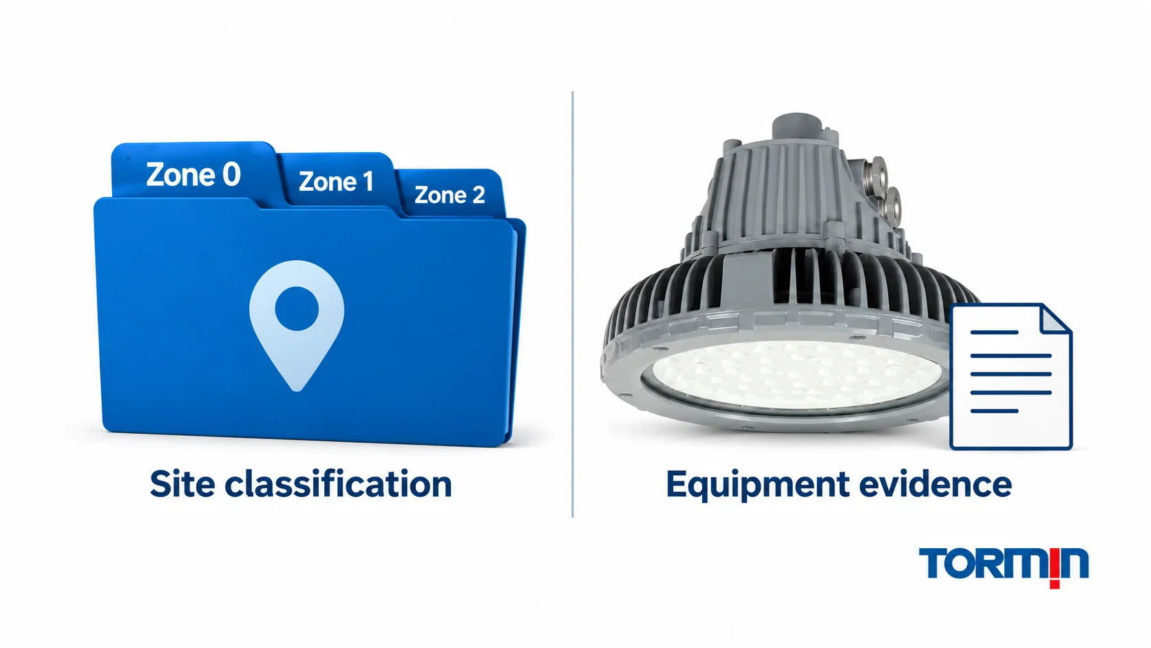Site-classification folders labeled Zone 0, Zone 1 and Zone 2 separated from a TORMIN BC9304P exterior and equipment-document symbol